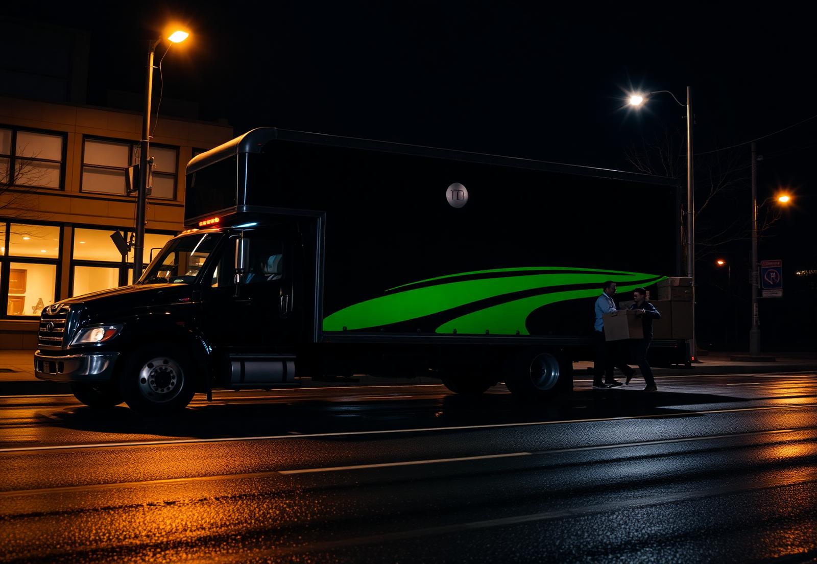 Perfect Time Delivery moving truck being loaded on a city street at night in Birmingham, AL